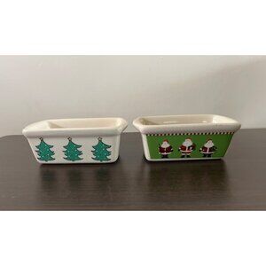 LTD Commodities Christmas Trees Santa Mini Bread Pan Stoneware 6" Beige Lot Of 2